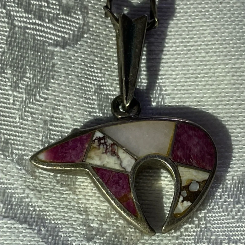 Rare Vintage Sterling Silver Inlay Elegant Pink Pendant Bear Necklace.  20” - Picture 3 of 11